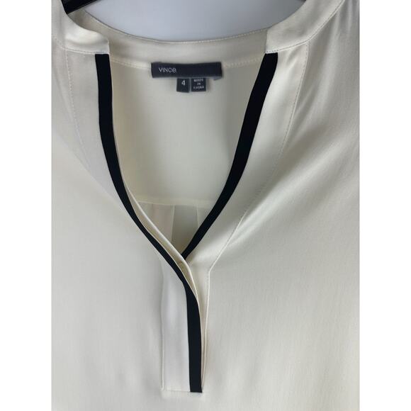 Vince Tipped Contrast 100% Silk Blouse Tan Size 4 Office Quiet Luxury Minimalist - Picture 5 of 12